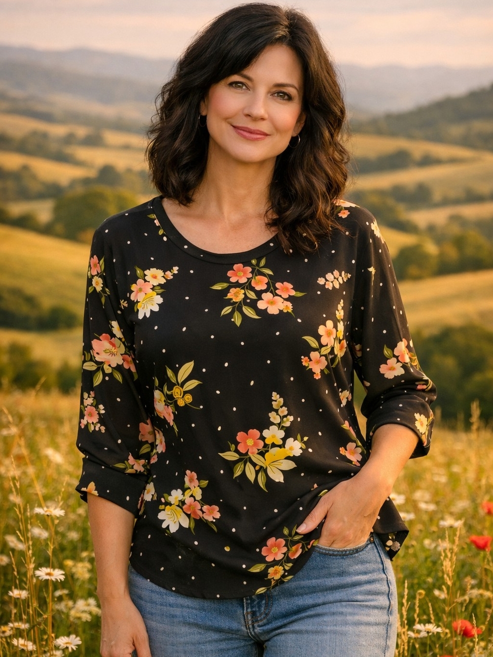 LOFT Black Floral Scoop-Neck Long Sleeve Top